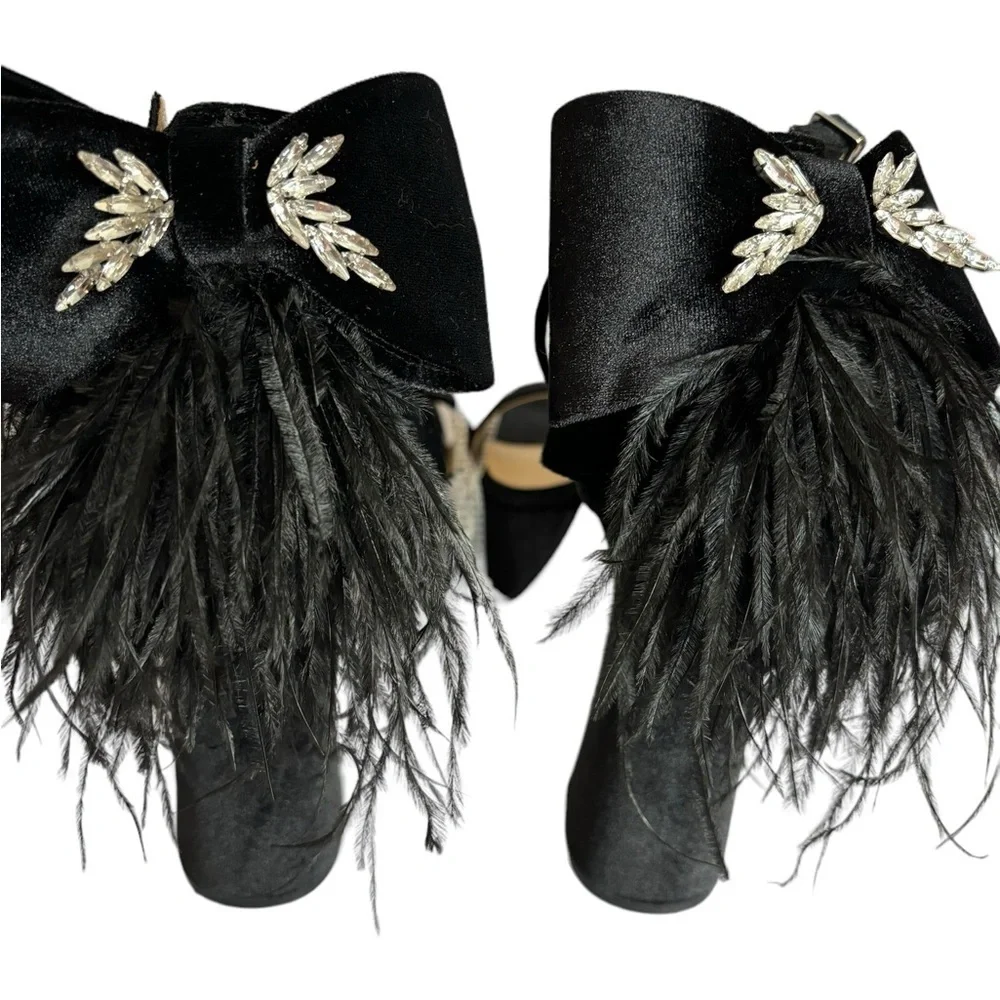 ANTONIO MELANI Black Platform Feather Ankle-Strap Sandals